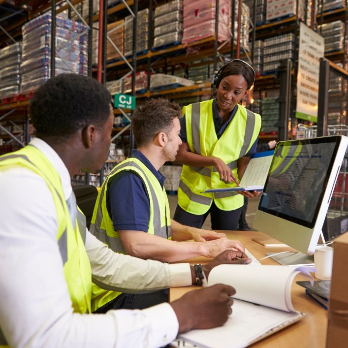 one female and two male workers in high vis jackets working at desk in warehouse